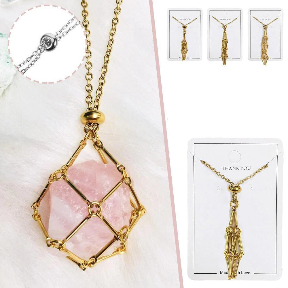 3pcs Adjustable Gold Crystal Holder Necklace Pendant Mesh Pocket Cord