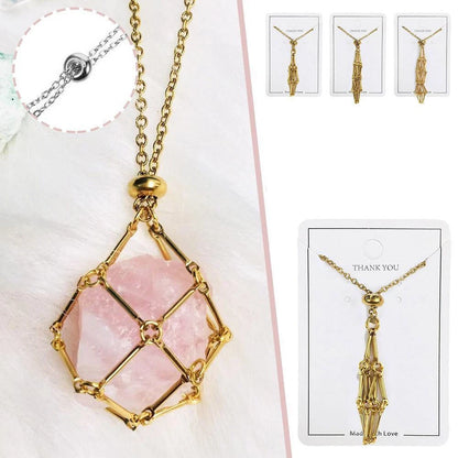3pcs Adjustable Gold Crystal Holder Necklace Pendant Mesh Pocket Cord
