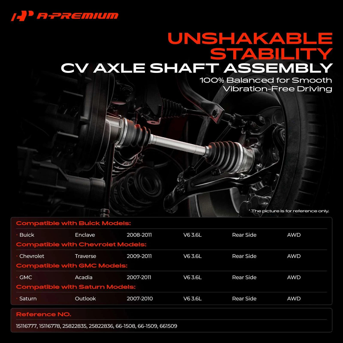 A-Premium Pair Rear CV Axle Assembly for Chevy Traverse (2009–2011) - 25822836, 15116777, 15116778, 25822835