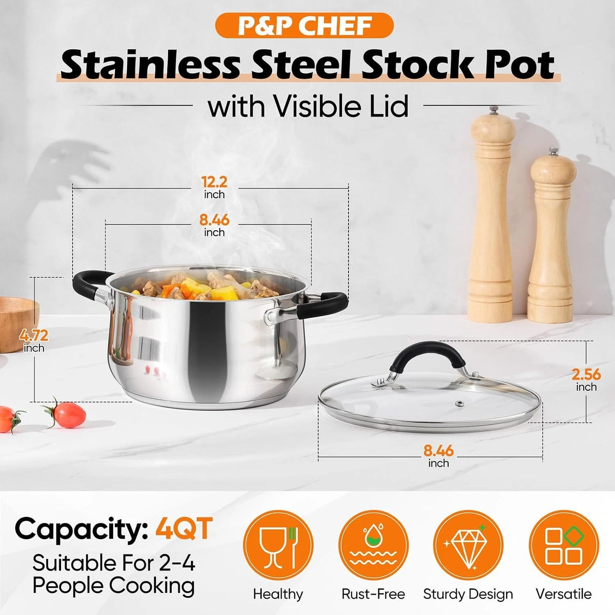 4 Qt Stainless Steel Stock Pot with Lid for Cooking Soup