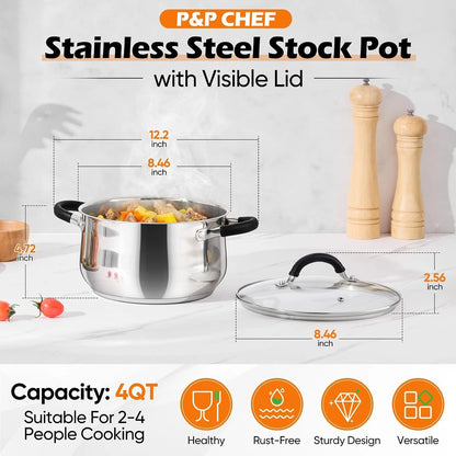 4 Qt Stainless Steel Stock Pot with Lid for Cooking Soup