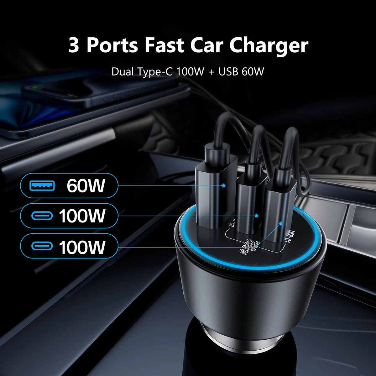 3-Port Car Charger for iPhone 16/15 Pro Max (2023–2023)