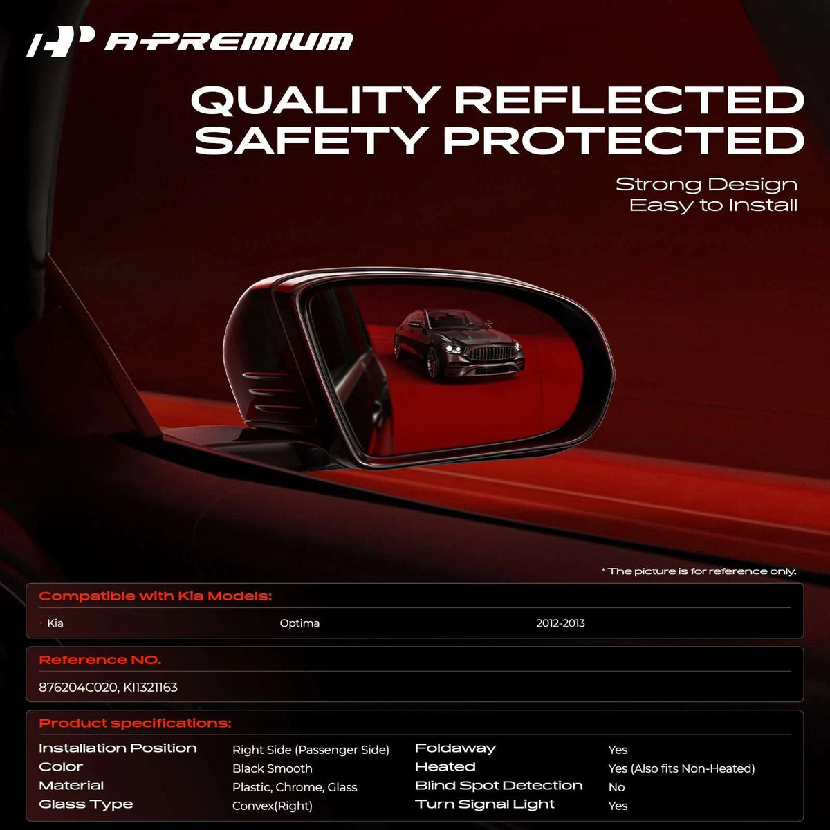 Power Adjust Mirror w/Power Folding for Kia Optima (2012–2013) 876204C020, KI1321163