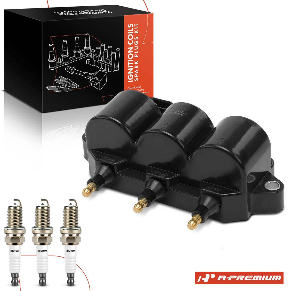 A-Premium Ignition Coil & 3X Iridium Spark Plugs for Chevrolet Spark (2013–2022)