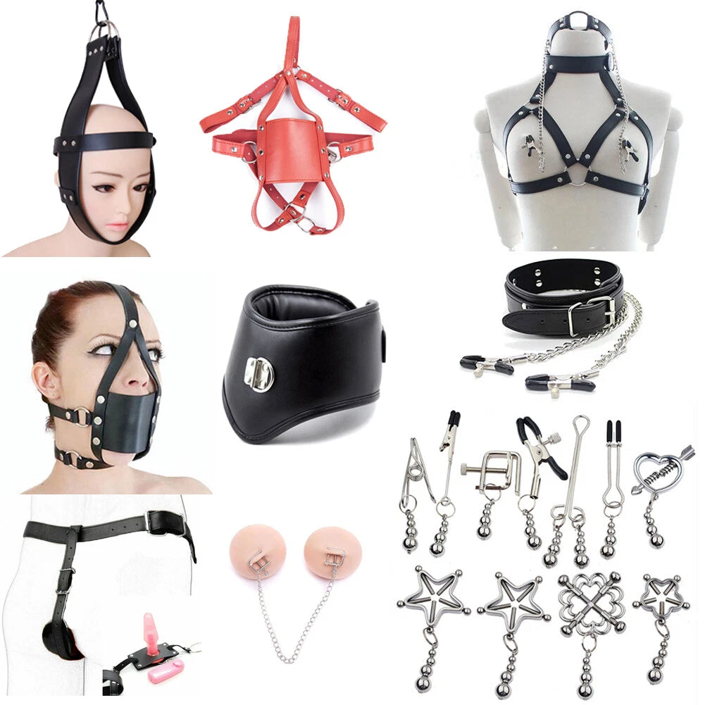 PU Leather Collar with Nipple Clamps for Couples