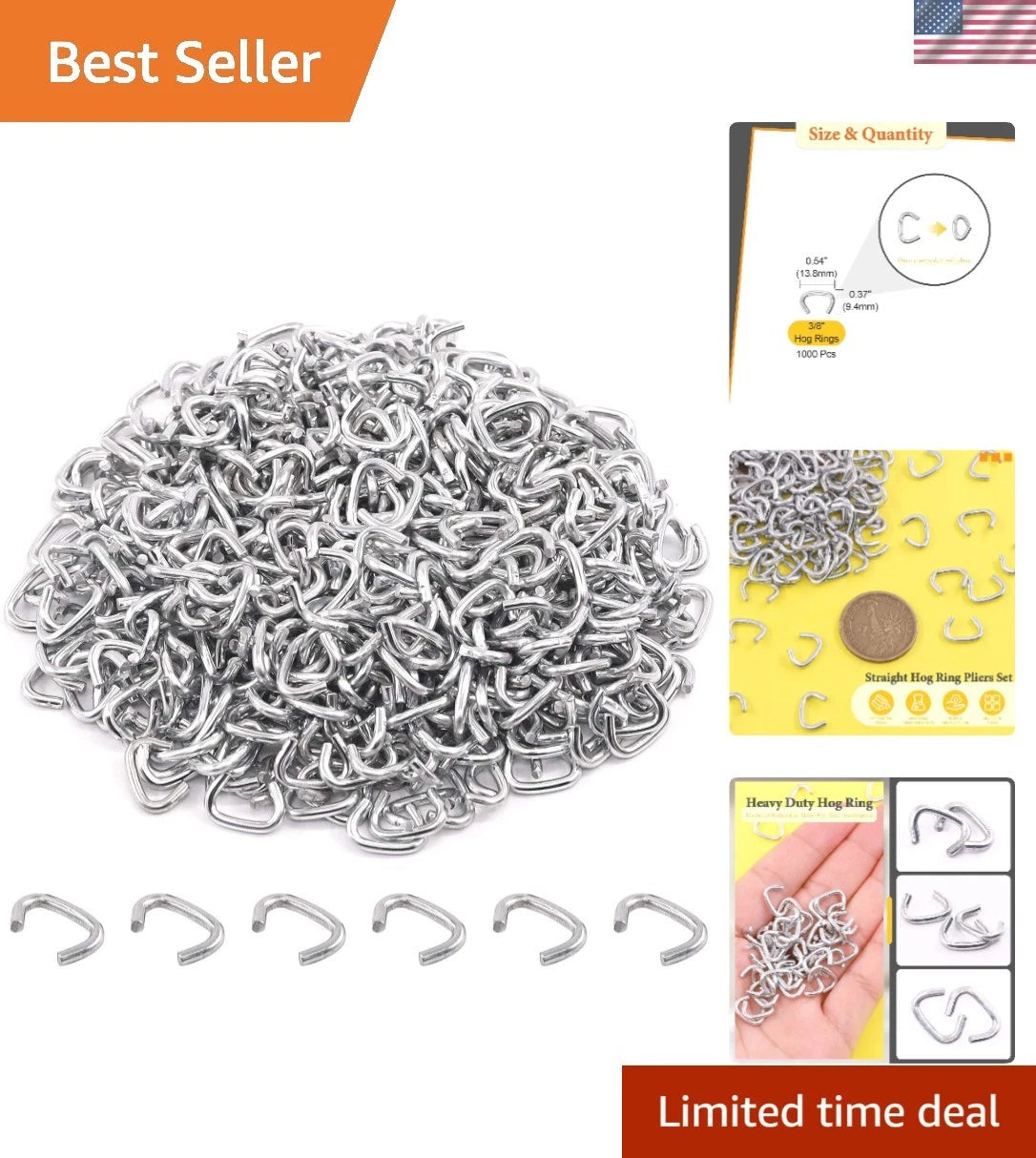 1000 Pcs 3/8" Galvanized Hog Rings for Upholstery and Construction