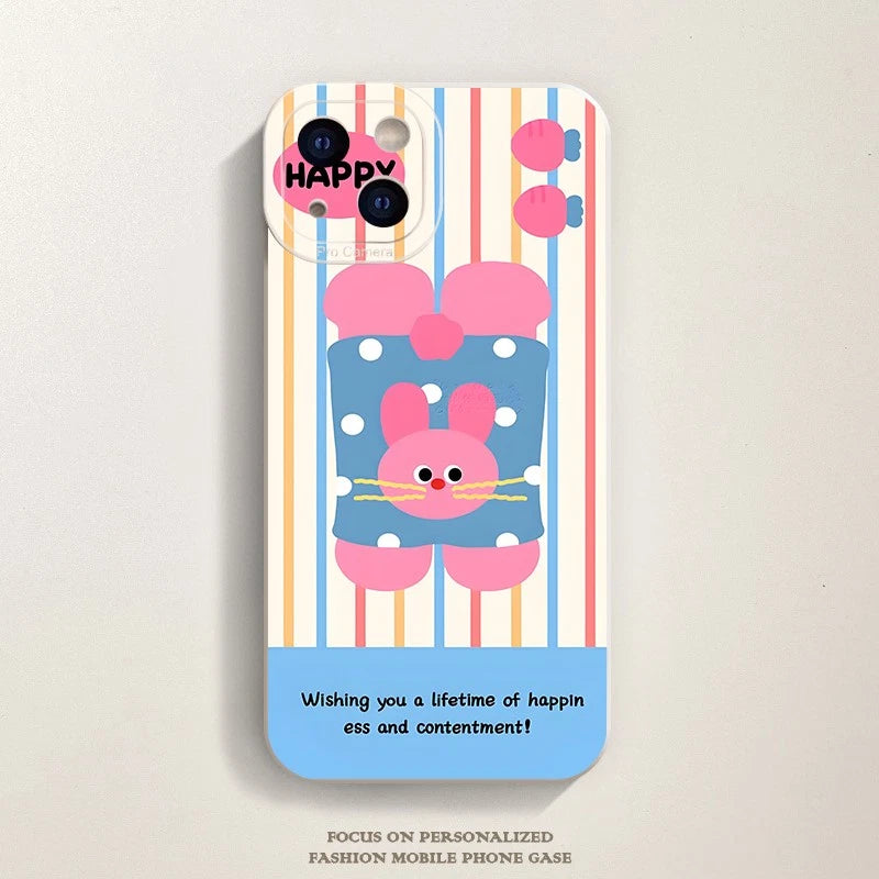 TPU Case for iPhone 11 to 17 - Vertical Color Stripe Cartoon Pink Bunny
