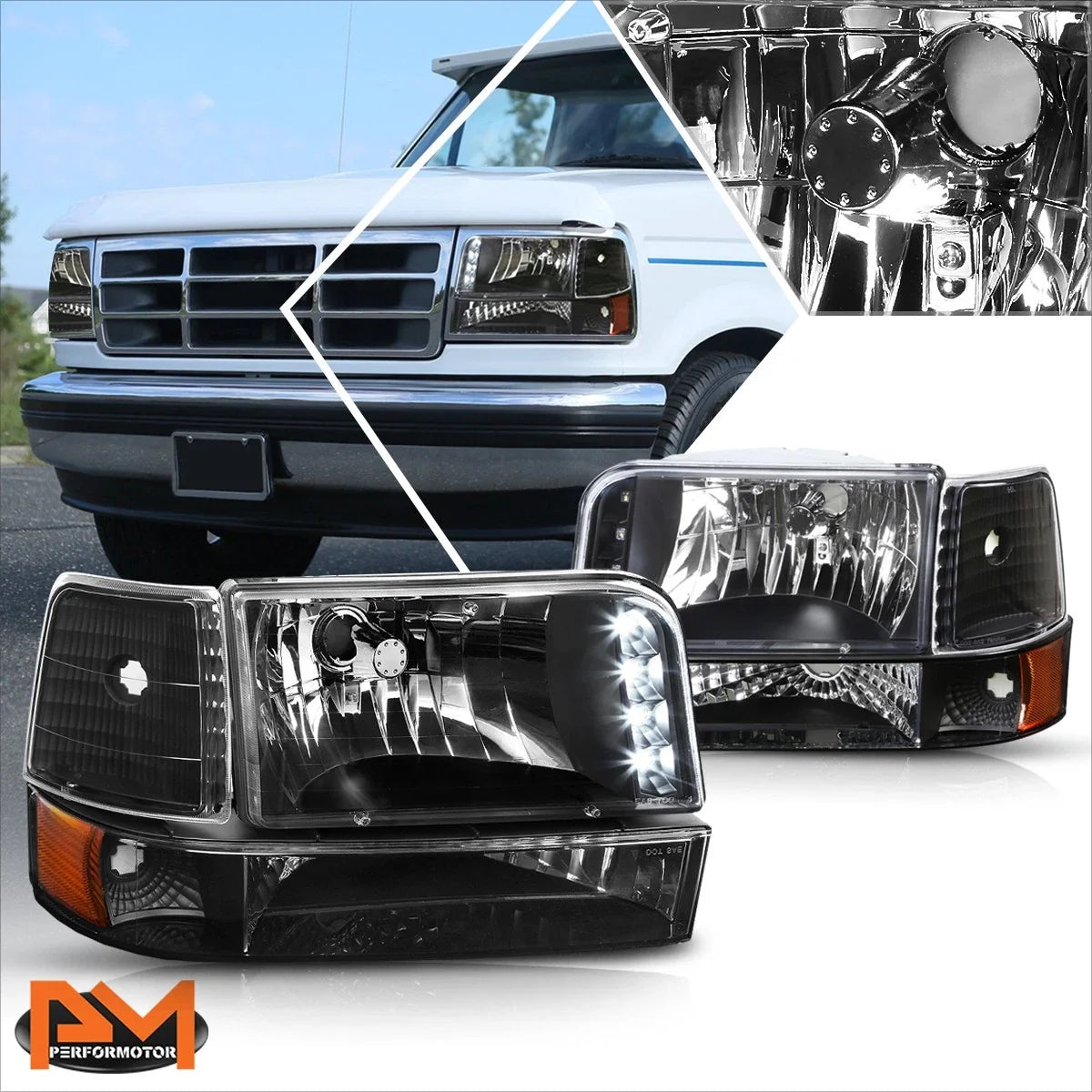 LED DRL Headlight/Lamp for Ford F150/F250/F350 (1992–1996) Black Housing Amber Corner