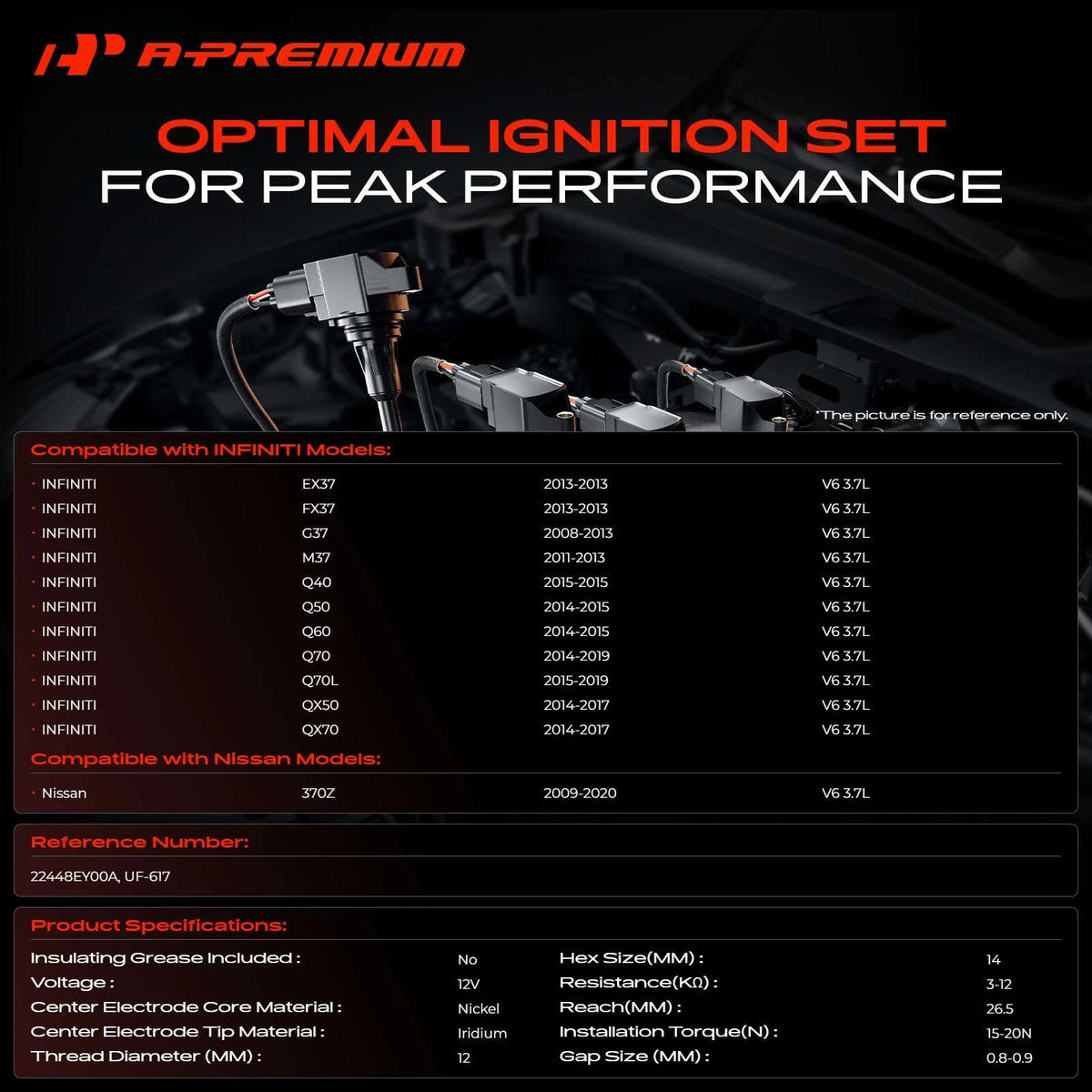 Set of 6 Ignition Coils & Iridium Spark Plugs for Nissan 370Z (2009–2020) - 22448EY00A, UF-617