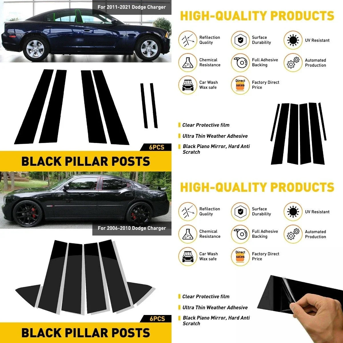 Black Door Posts Pillar Window Trim Kits for Dodge Charger (2006–2021)
