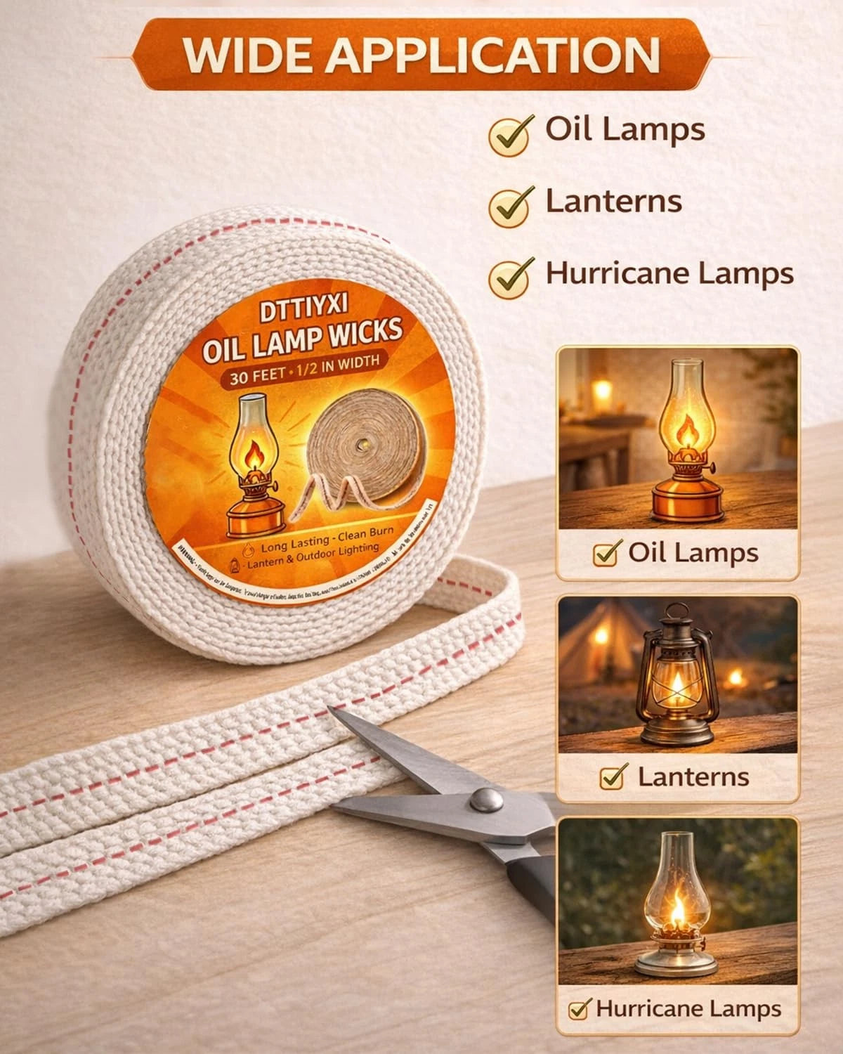 Set of 30 Flat Cotton Oil Lamp Wicks 1/2 Inch x 30 Ft