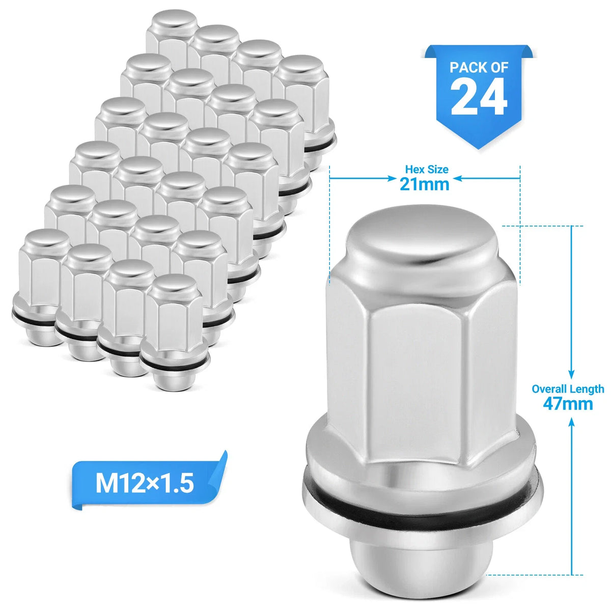 24pcs M12x1.5 Chrome Lug Nuts for Toyota Tundra Sequoia Lexus GX460 (2007–2021)