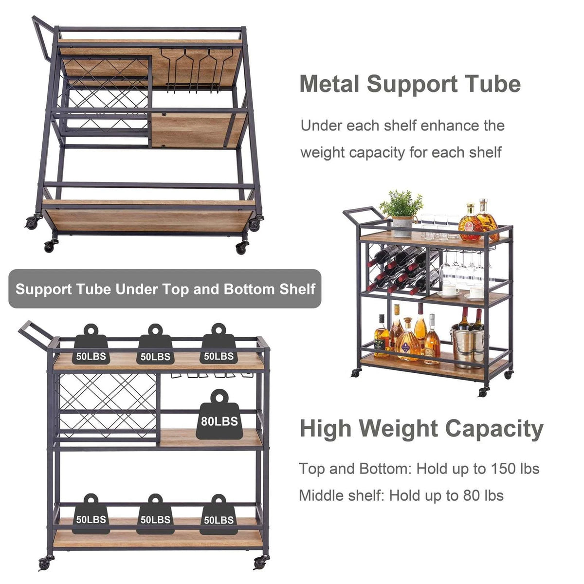 Bar Cart on Wheels with 3 Tier Wood Shelves for Home