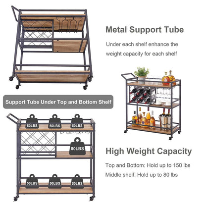 Bar Cart on Wheels with 3 Tier Wood Shelves for Home