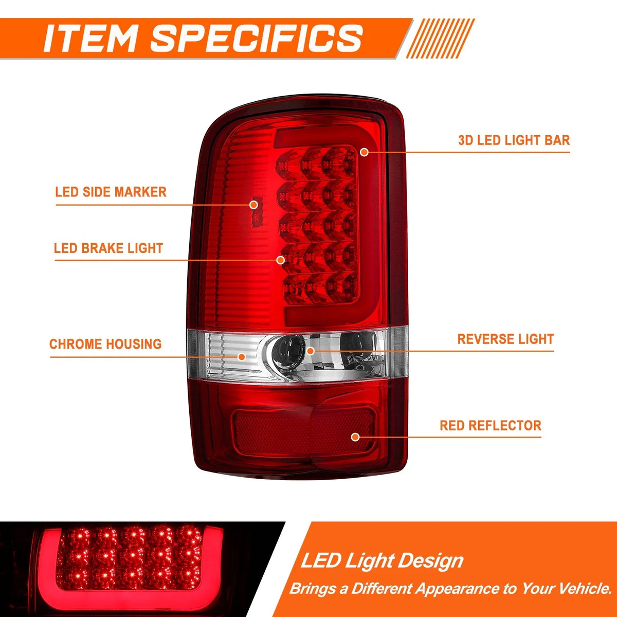 3D LED C-Bar Tail Light Brake/Stop Lamp for Chevy Tahoe/GMC Yukon (2000–2006)