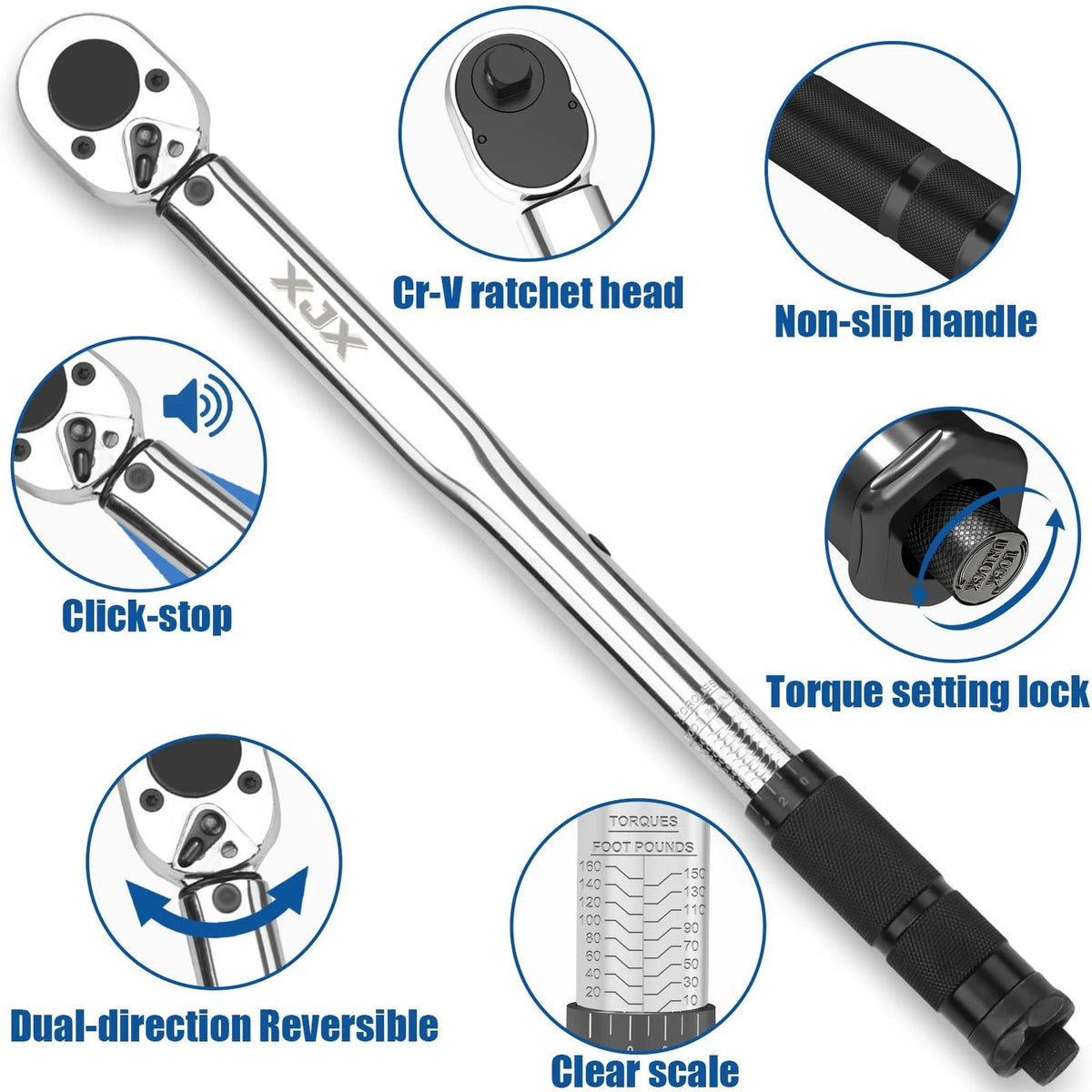 1/2-Inch Drive Click Torque Wrench Set for Automotive (10-160 FT-LB)