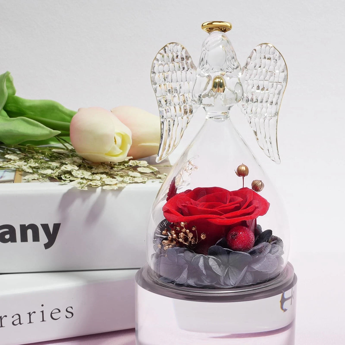 Miofula Preserved Flowers Rose Gifts for Mom, Angel Figurines Forever Red