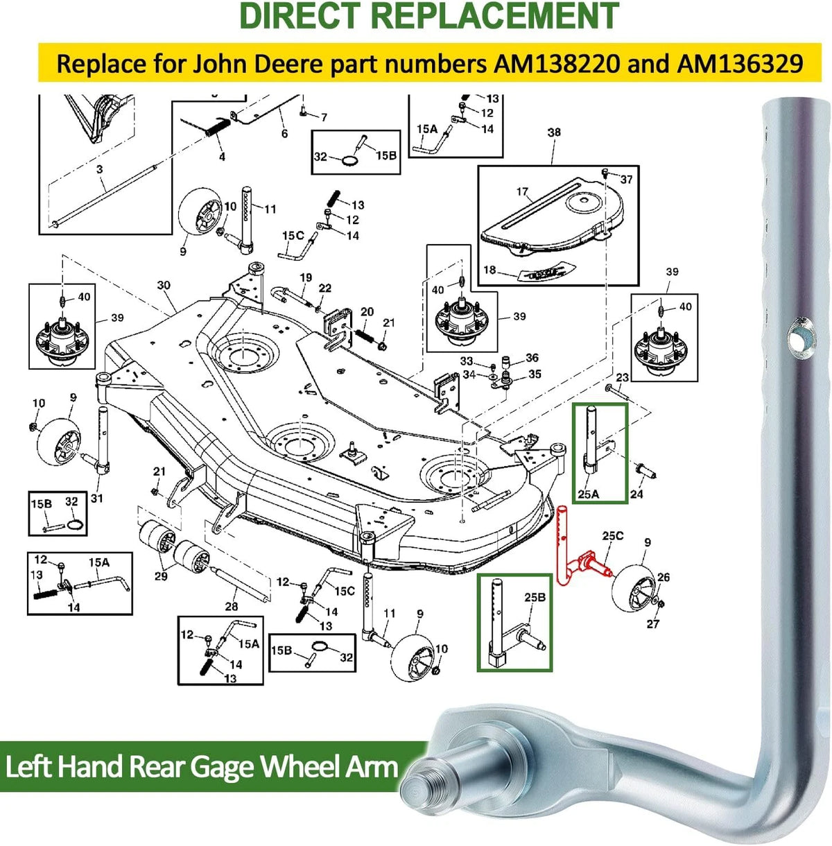 LH Rear Gauge Wheel Arm for John Deere X500 X300 Series (48" 54")