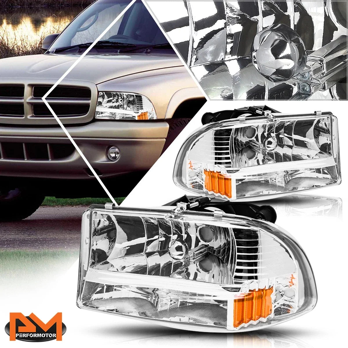 Bumper Headlight Lamp Chrome Housing Amber Corner for Dodge Dakota/Durango (1997–2004)