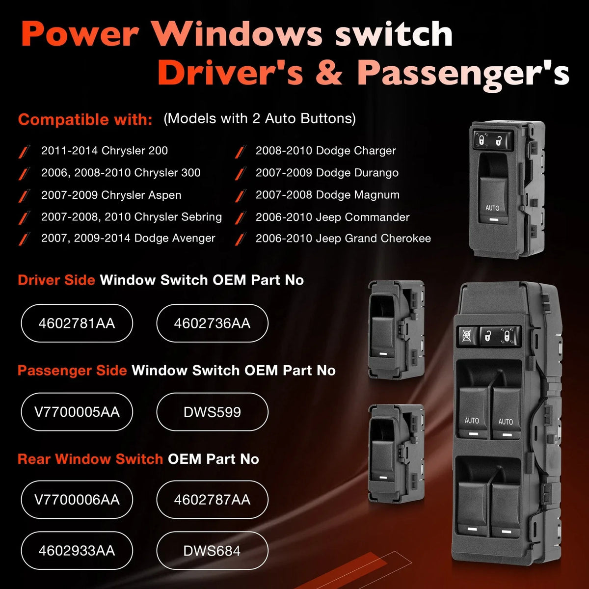 Power Window Door Control Switch for Jeep Chrysler 200 300 Dodge Charger (2006–2014)