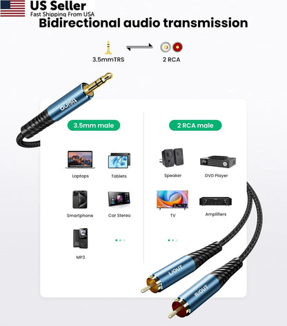 2X RCA to 3.5mm AUX Cable, 5 ft Male TRS Headphone Jack