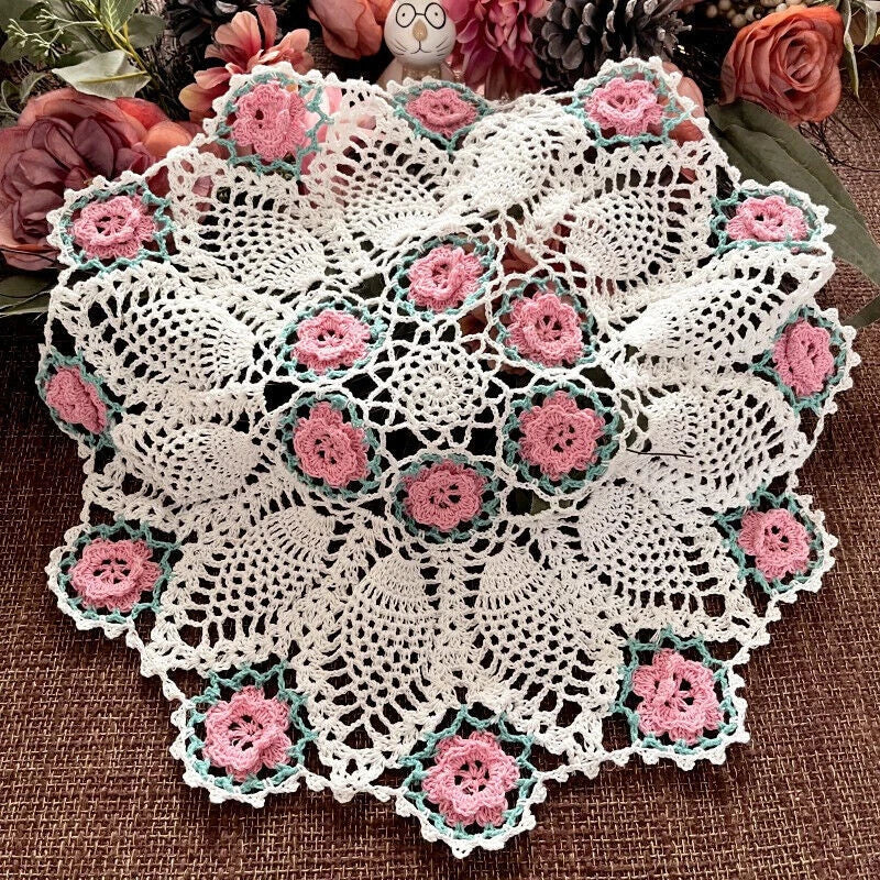 17" Vintage Hand Crochet Lace Doily Round Table Topper Mat