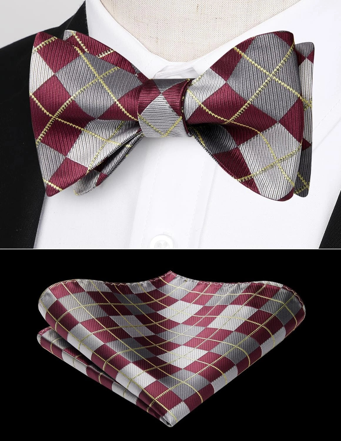 Burgundy Bow Ties for Men - Check Plaid Self Tie (One Size)