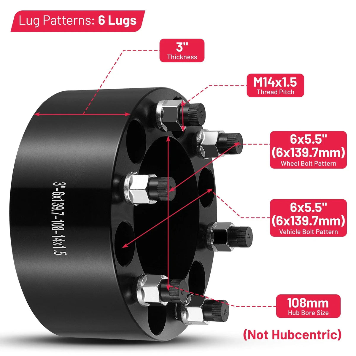 3 Inch 6 Lug 6x5.5 Wheel Spacers for 1988–1999 GMC K1500 (4 Pack)