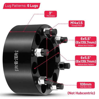 3 Inch 6 Lug 6x5.5 Wheel Spacers for 1988–1999 GMC K1500 (4 Pack)