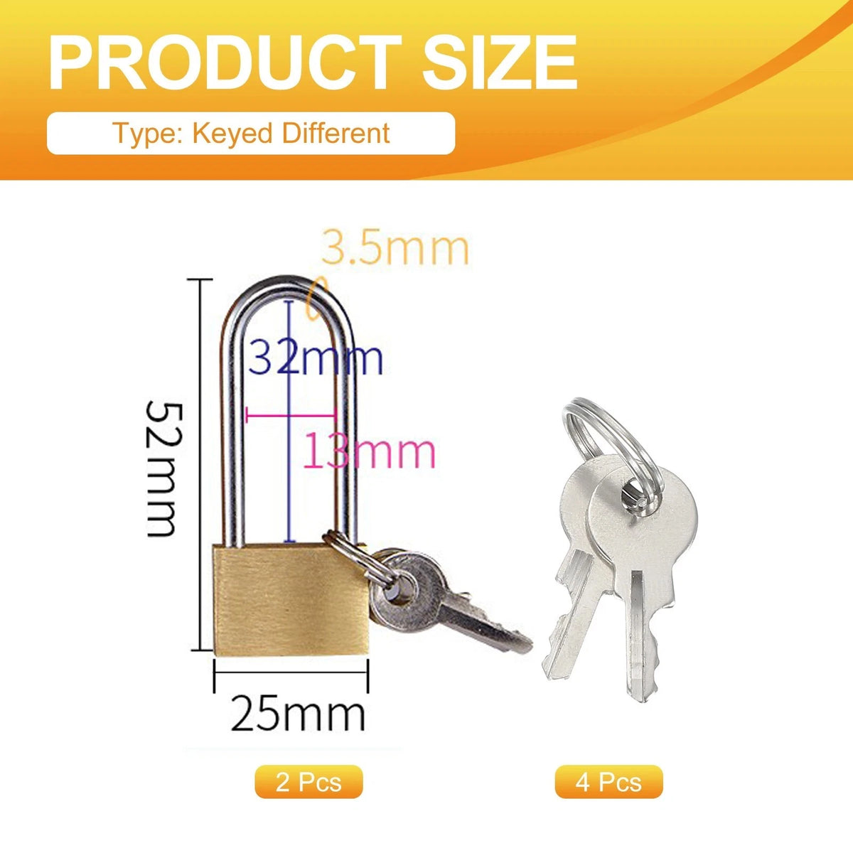 2 Pcs Solid Brass Padlocks with 2 Keys for Security (No Specific Years)