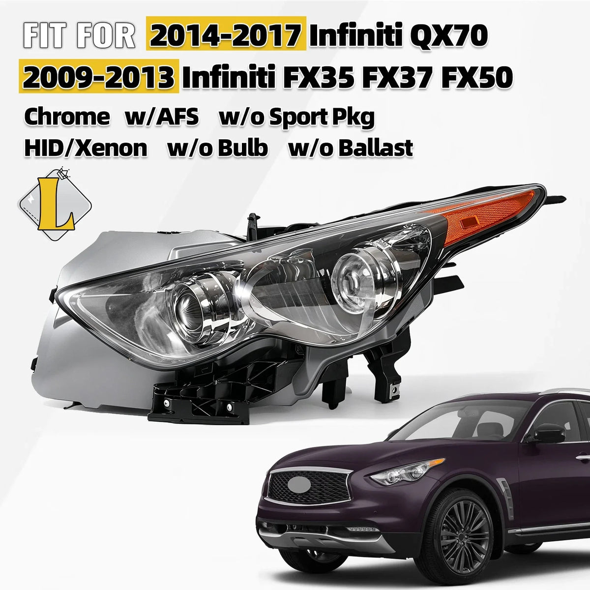 HID Headlight Left LH for Infiniti FX35 FX37 FX50 QX70 (2009–2017)