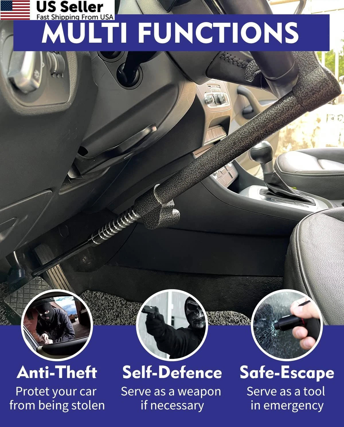 Steering Wheel Lock Anti-Theft Device for Car (Max Length 33")