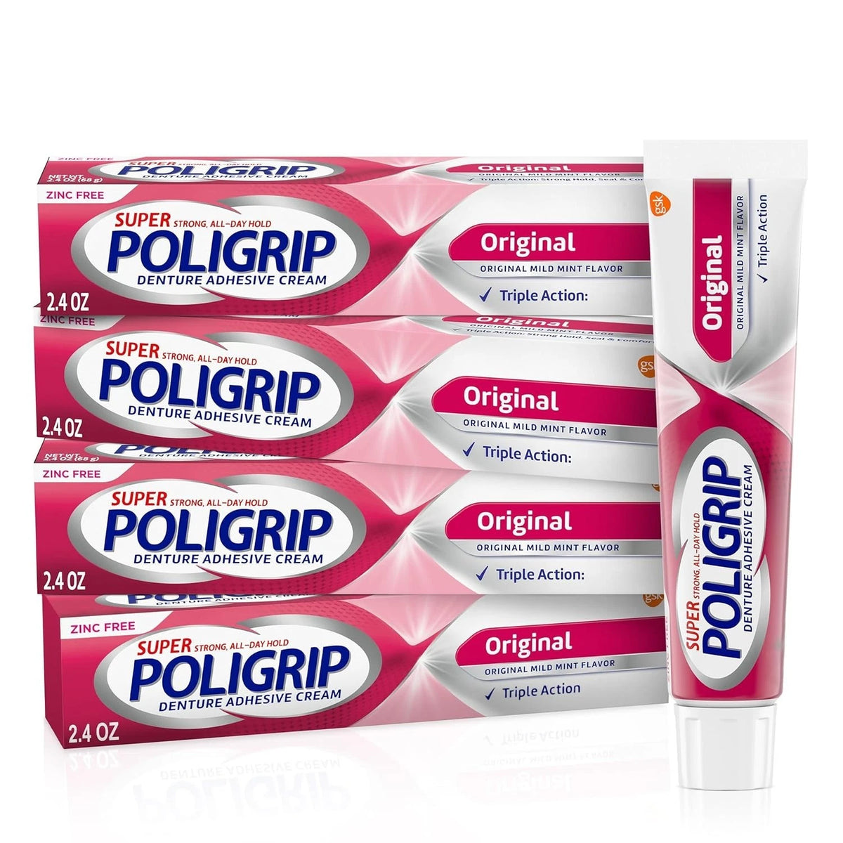 Set of 4 Super Poligrip Zinc Free Denture Adhesive Cream (2.4 oz)