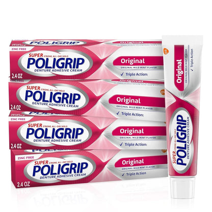 Set of 4 Super Poligrip Zinc Free Denture Adhesive Cream (2.4 oz)
