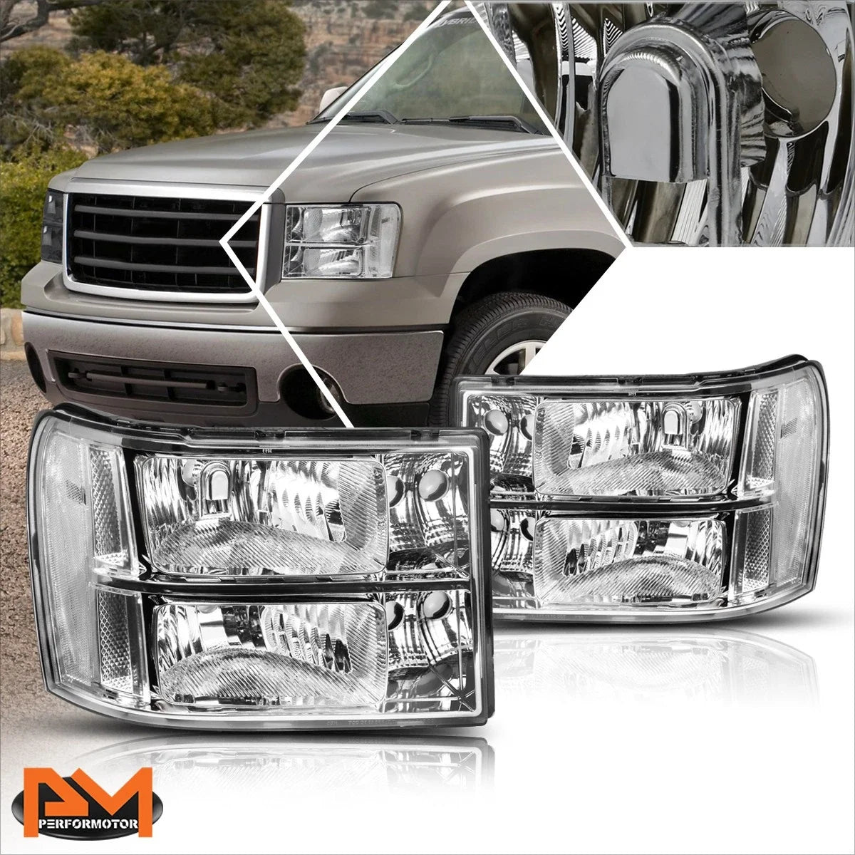 Chrome Housing Headlight Clear Corner Signal Lamps for GMC Sierra (2007–2014)
