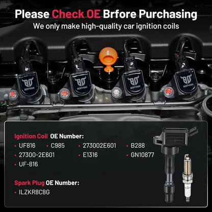 Set of 4 Ignition Coils & Spark Plugs for Hyundai Elantra 2.0L, Kia Forte, Optima 2.4L