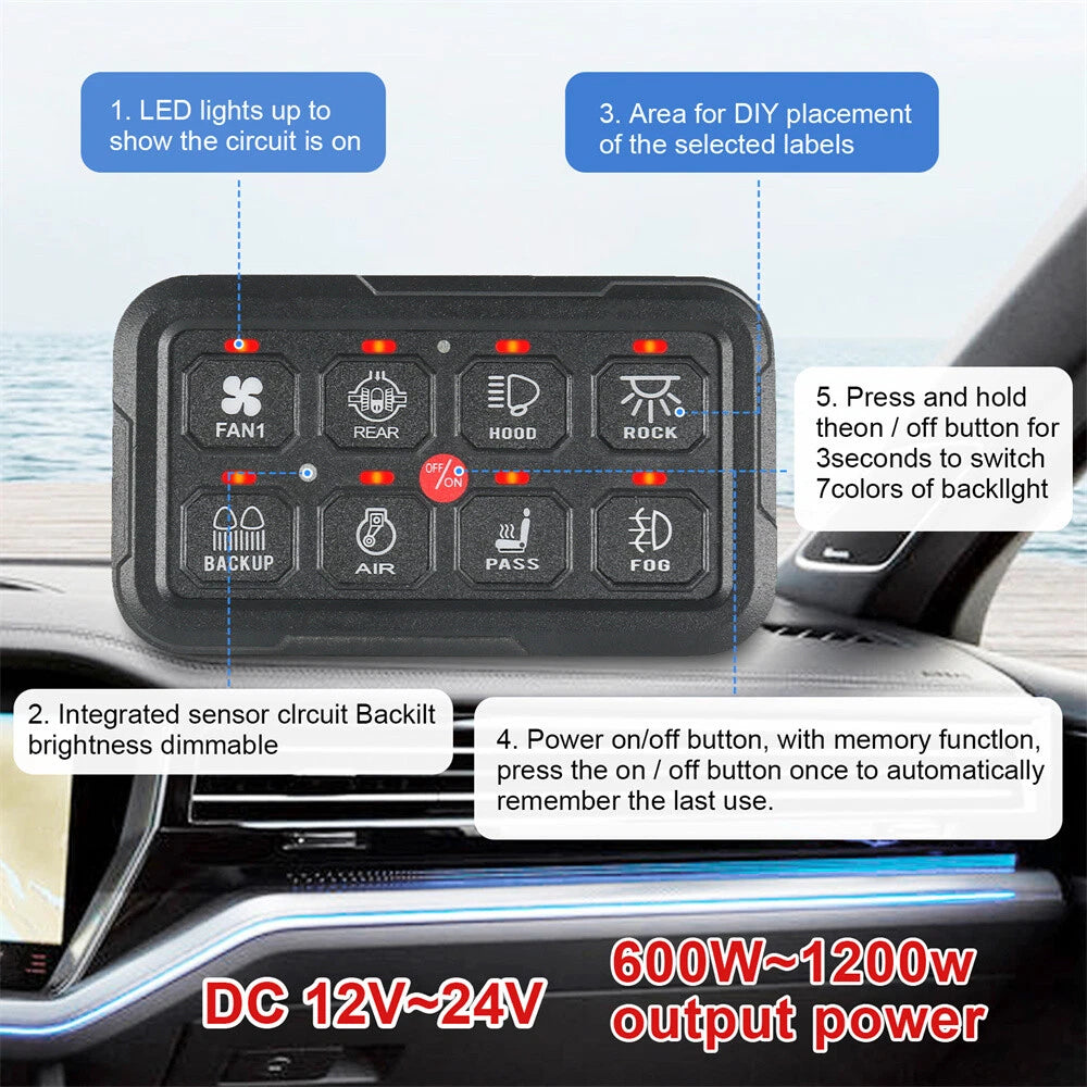 8 Gang Switch Panel for Jeep Wrangler (2018–2023) - LED Light Control