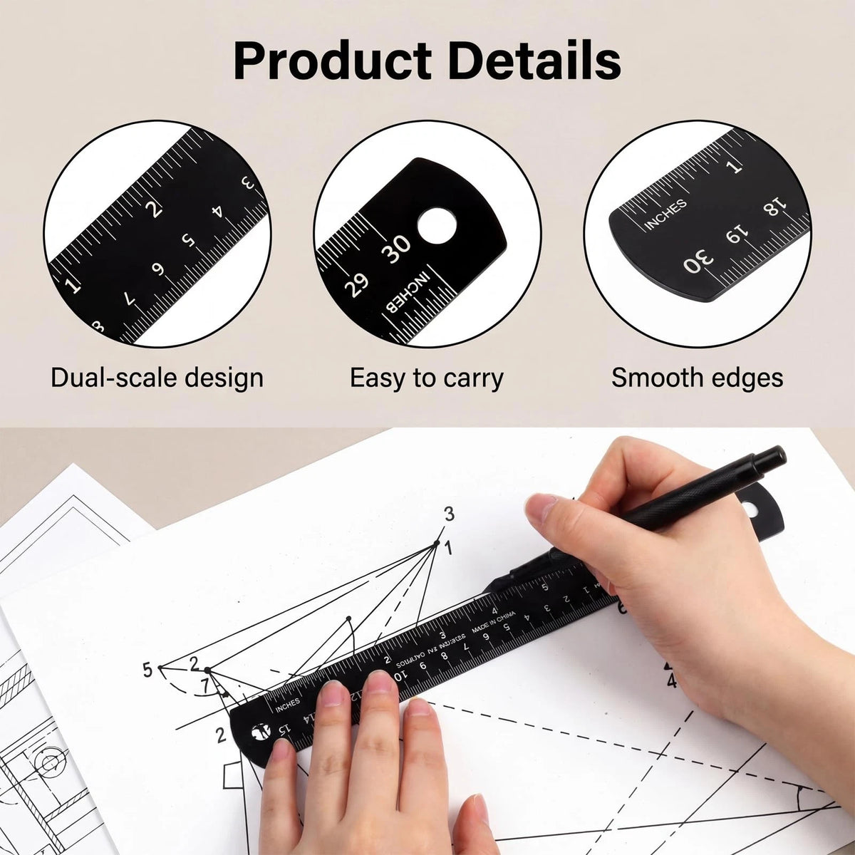 3-Pack Metal Ruler Set for (6, 8, 12 Inch)