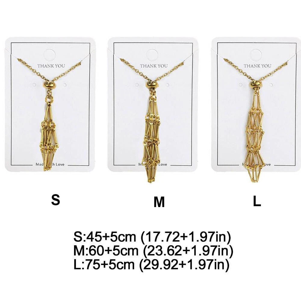 3pcs Adjustable Gold Crystal Holder Necklace Pendant Mesh Pocket Cord
