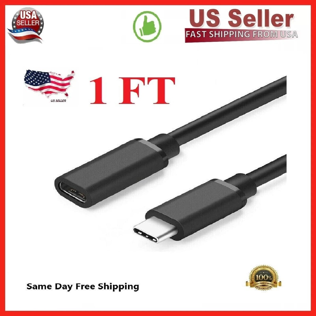USB 3.1 Type C Male to USB-C Female Extension Cable (1/3/6 Feet) Black