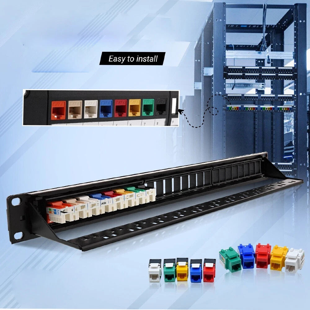 24 Port Keystone Jack Patch Panel Plate for 19" Rack (1U) Cat5 Cat5e Cat6 Cat6a