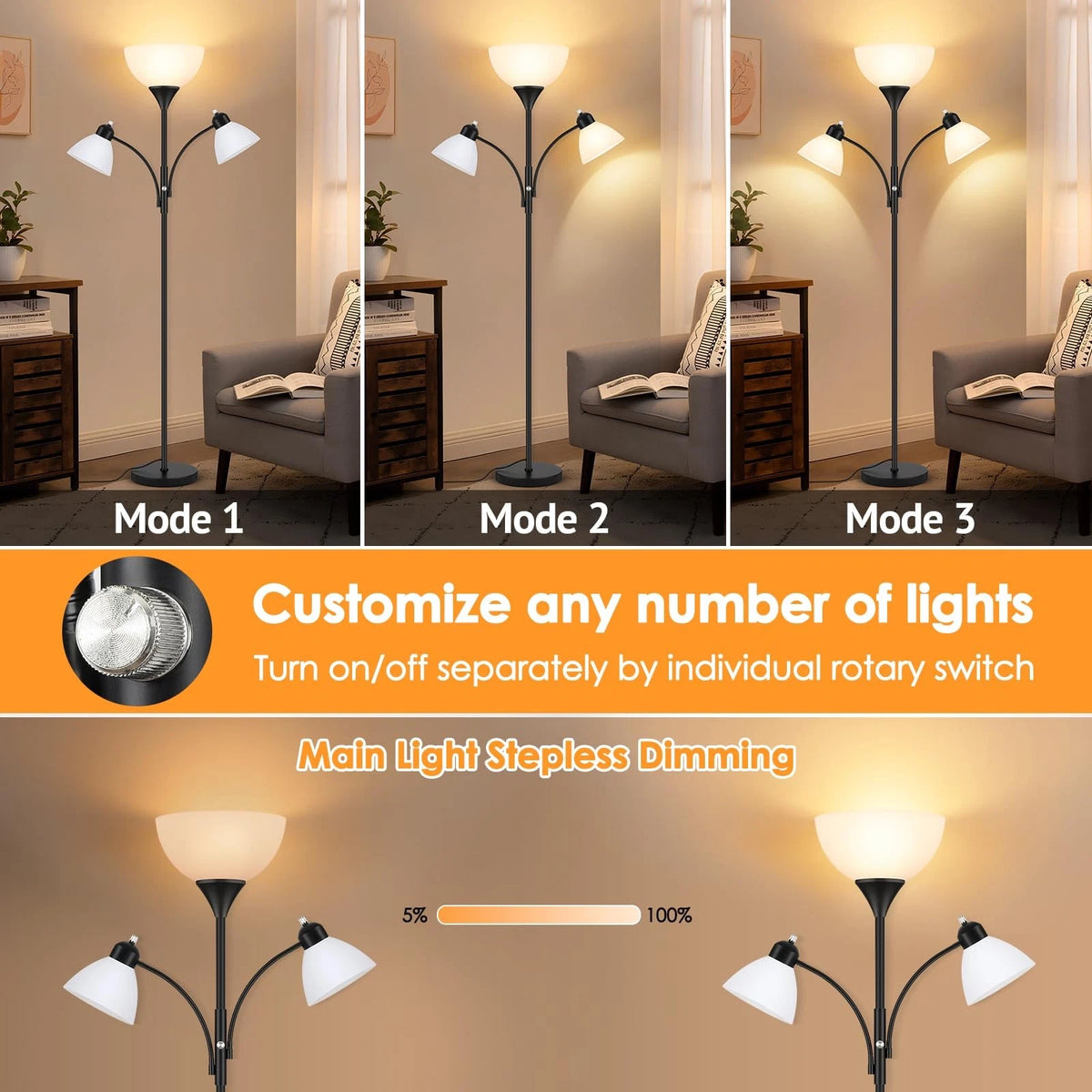 Floor Lamp for Living Room (72" Dimmable Torchiere)