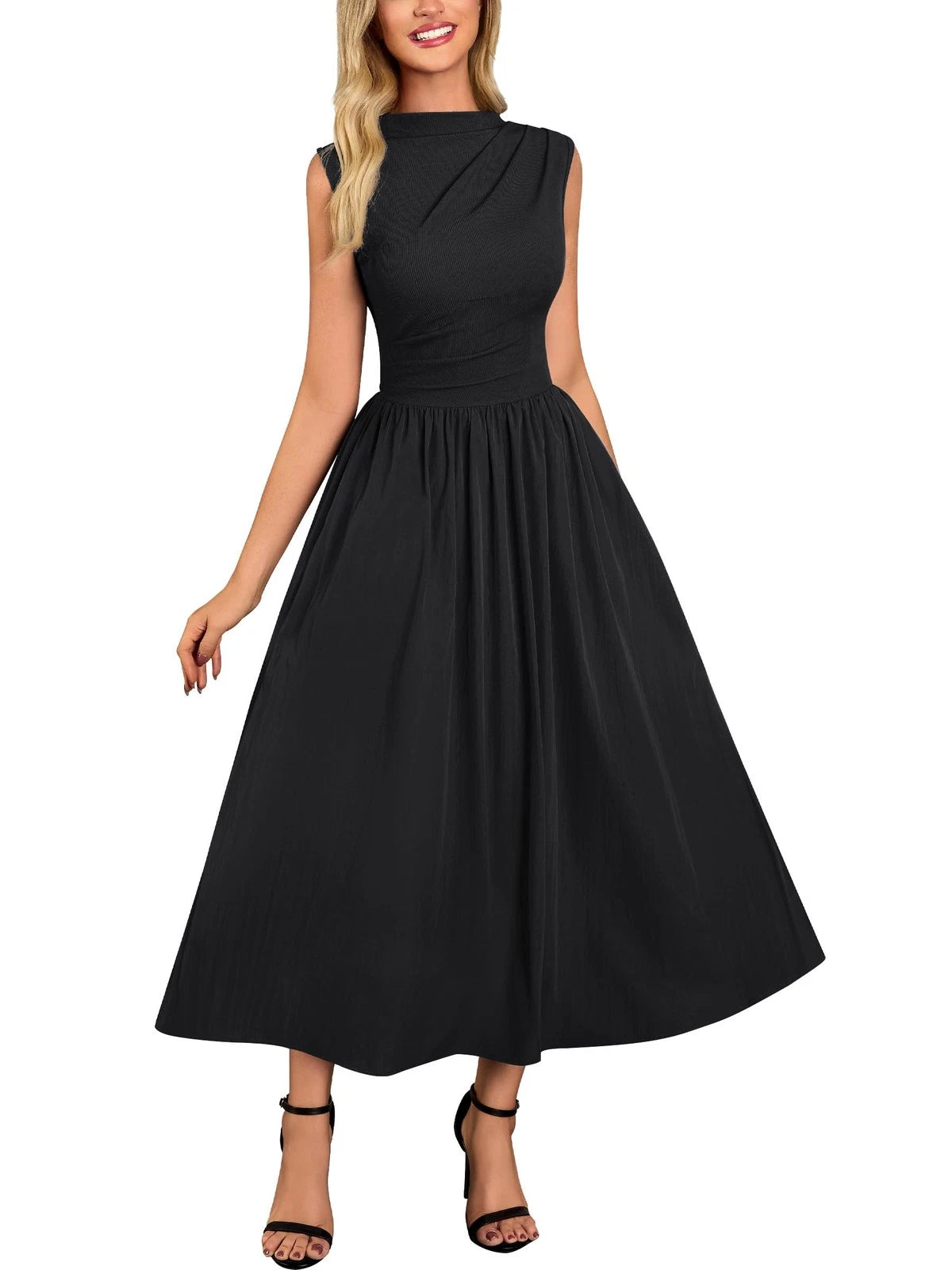 Set of 2 Women's Retro Half Collar Sleeveless Casual Swing Dress (Black)