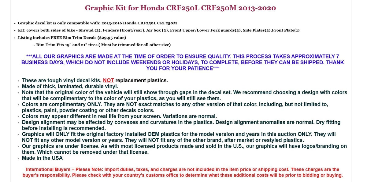 Graphic Stickers +#PLT/RIM Decals for Honda CRF250L CRF250M (2013–2020)
