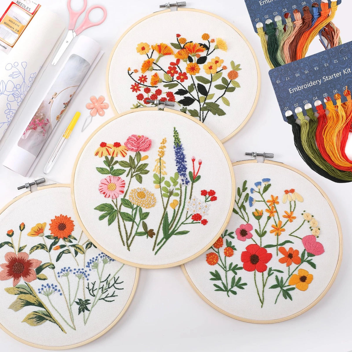 4 Sets Embroidery Kit for Beginners with Stitch Video, Flower Cross Stitch Kit