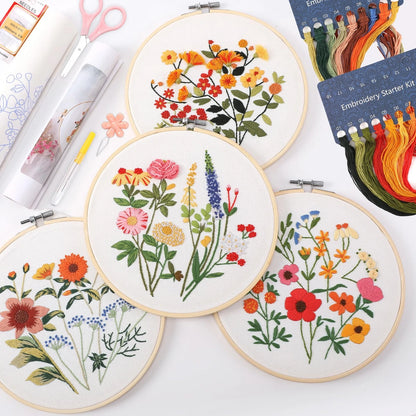 4 Sets Embroidery Kit for Beginners with Stitch Video, Flower Cross Stitch Kit