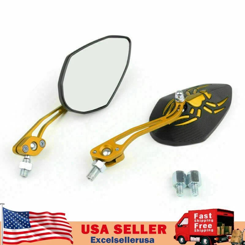 Set of 2 Universal 8mm 10mm Motorcycle Rear View Side Mirrors Gold M529-A107-Gold