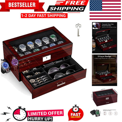 12 Slot Wooden Watch Box for Men (No specific part numbers)