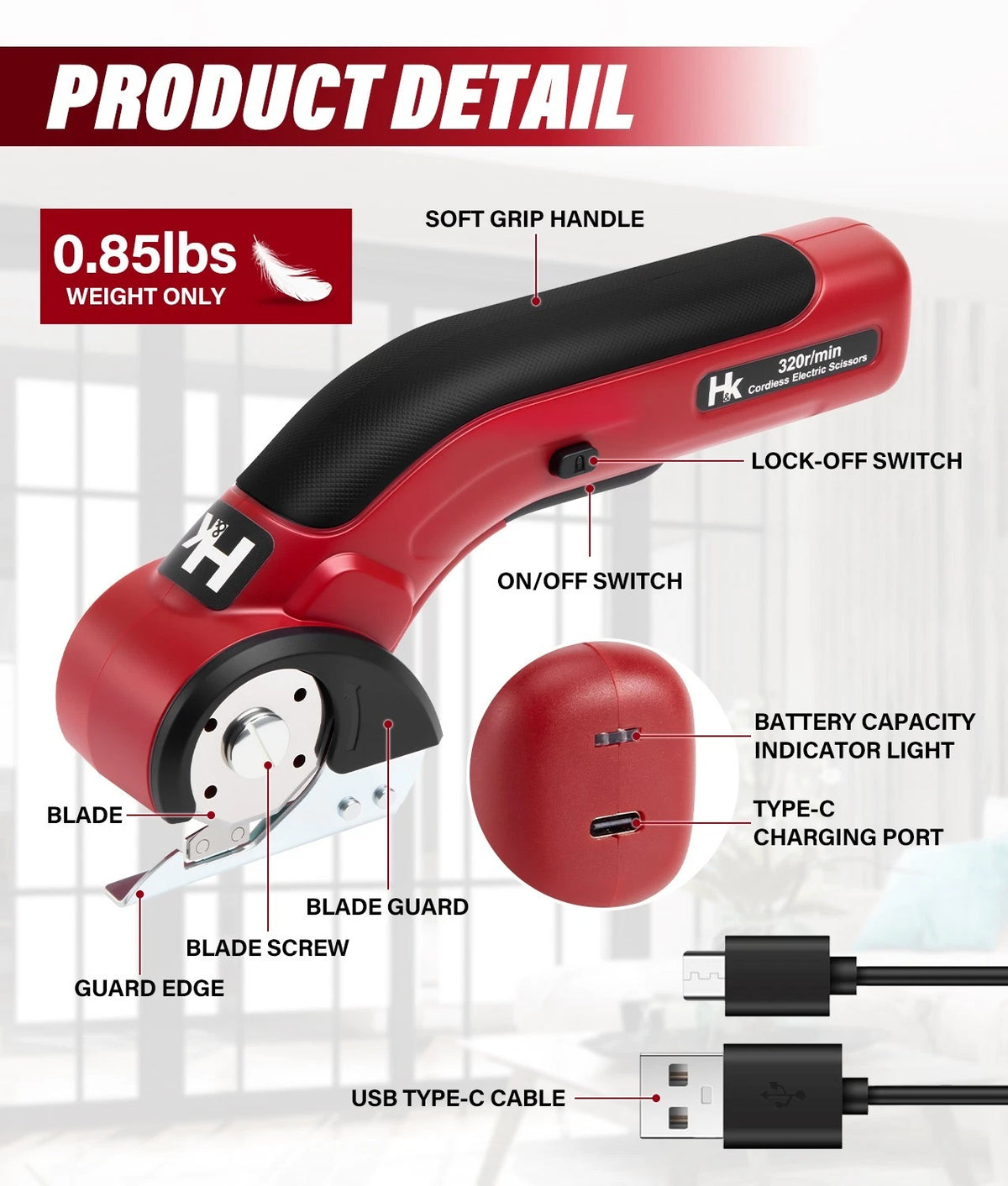 Cordless Electric Scissors with 4V 2000mAh Battery & Safety Lock