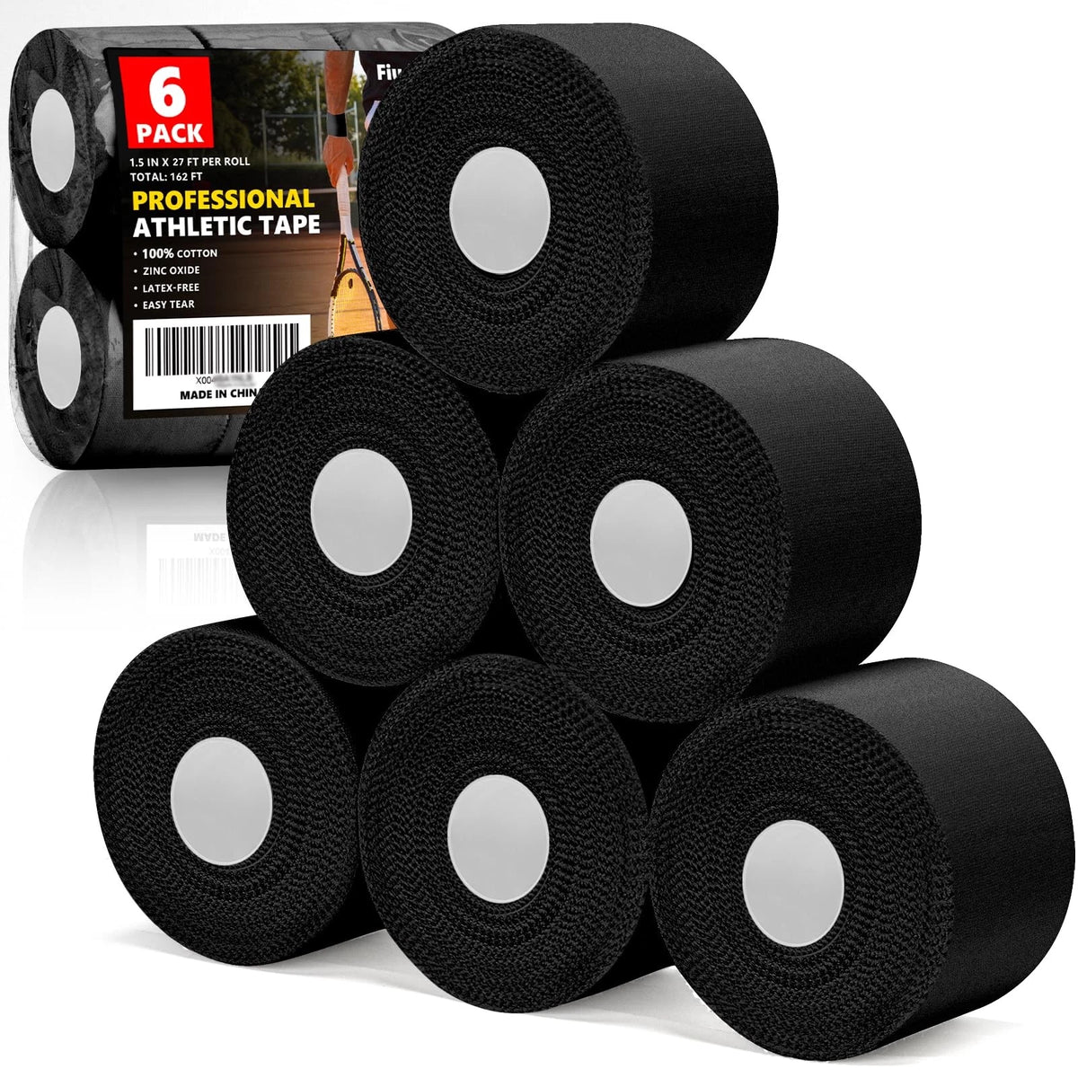 6 Pack Black Sports Tape for Universal Use (1.5 Inch × 27 Feet)